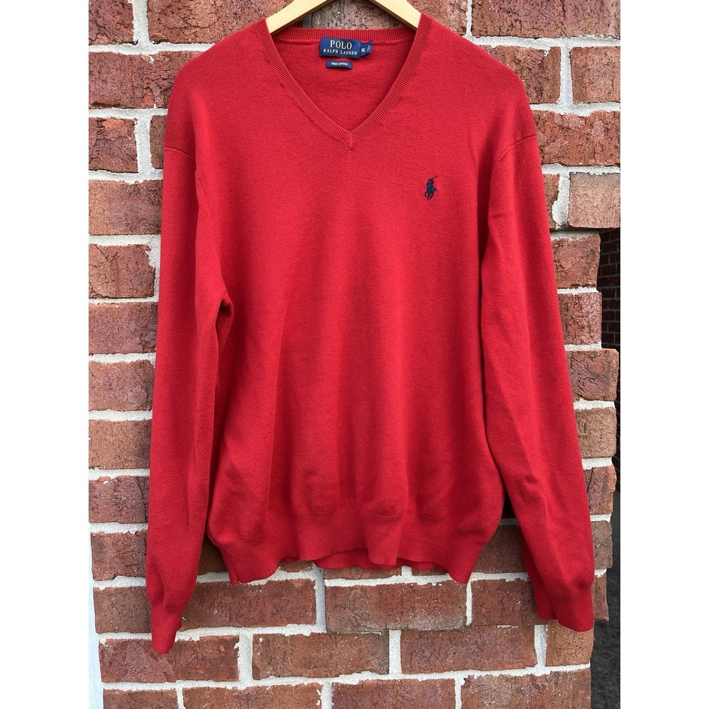 Polo Ralph Lauren Sweater Men XL Red Pima Cotton V Neck Pullover Lightweight